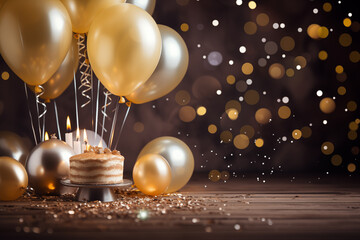 Birthday photo zone. Party celebration background. Balloons and cake.