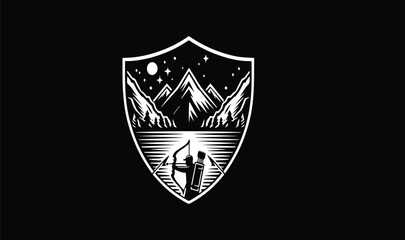 shield with wings and arrow mountain night water black and white background - obrazy, fototapety, plakaty