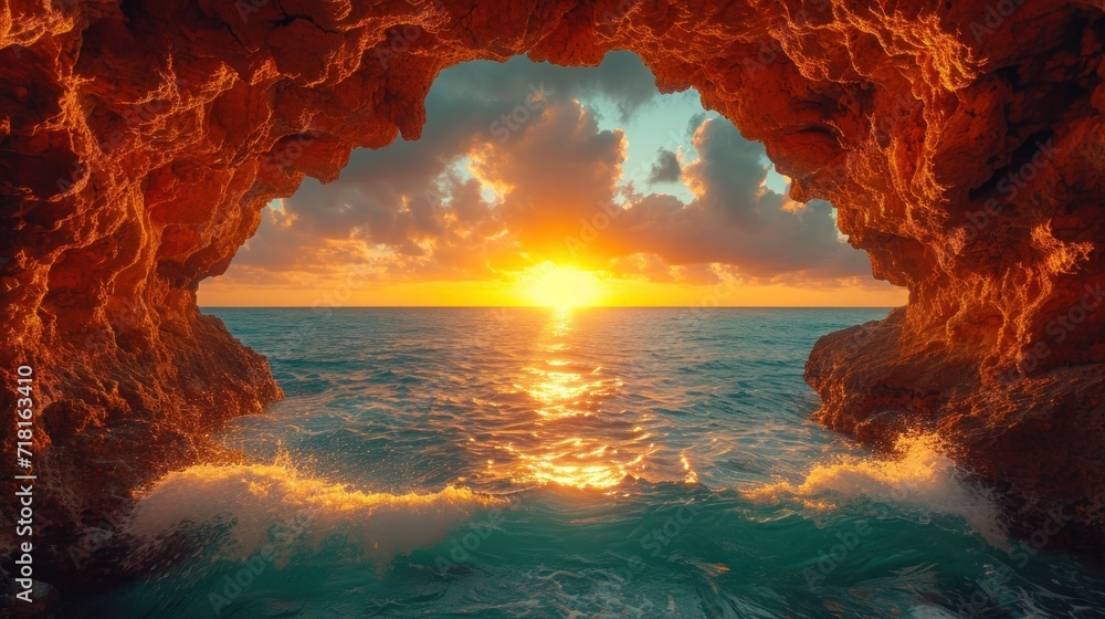 Aufkleber the sun is setting over the ocean as seen from a cave on the shore of a beach in the middle of the o