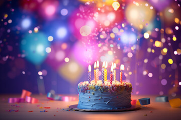 Birthday photo zone. Party celebration background. Balloons and cake.
