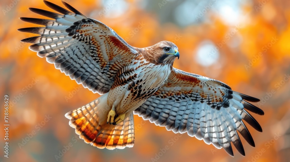 Poster a close up of a bird of prey flying in the air with a blurry background of trees in the foreground a