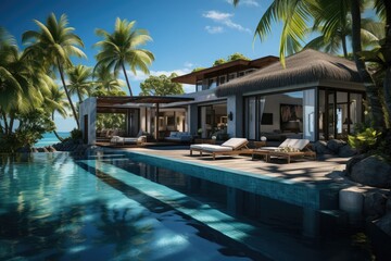 Modern Luxury Villa with Pool. Luxury beach resort, bungalow near endless pool over sea sunset, evening on tropical island, summer vacation concept - obrazy, fototapety, plakaty