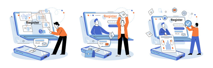 Registration online. Vector illustration. Online registration is convenient way to sign up for services or events Registering online ensures secure and efficient process Technology plays crucial role - obrazy, fototapety, plakaty