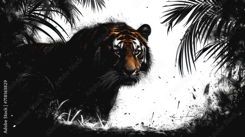 Sticker  a painting of a tiger in the jungle with palm trees in the background and a white spot in the middle of the picture to the right of the tiger's head.