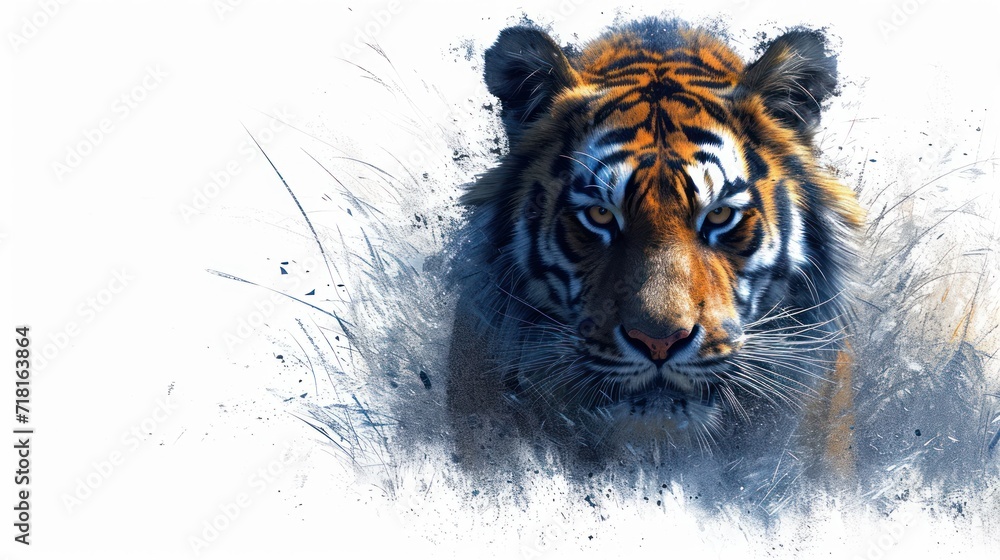 Poster a close up of a tiger's face with grass in the foreground and snow on the ground in the foreground a