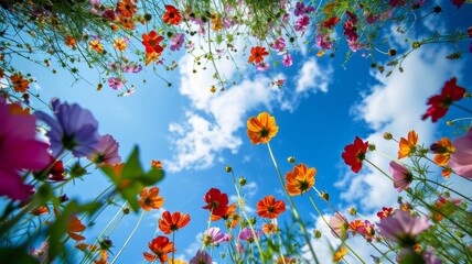 Beautiful colorful flowers from below against a blue sky background. Unusual angle on floral