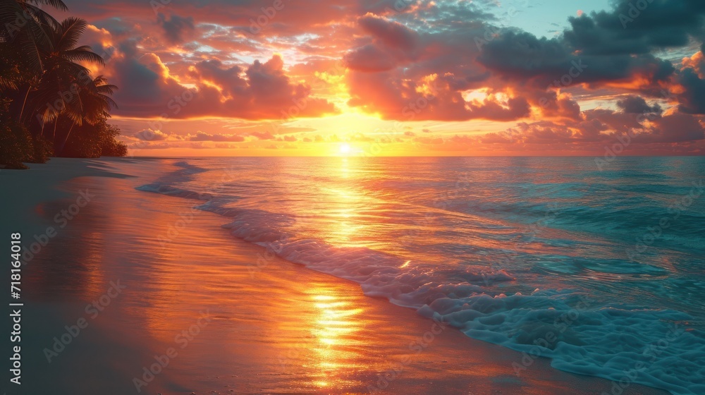 Poster the sun is setting over the ocean with a beach in the foreground and palm trees on the other side of