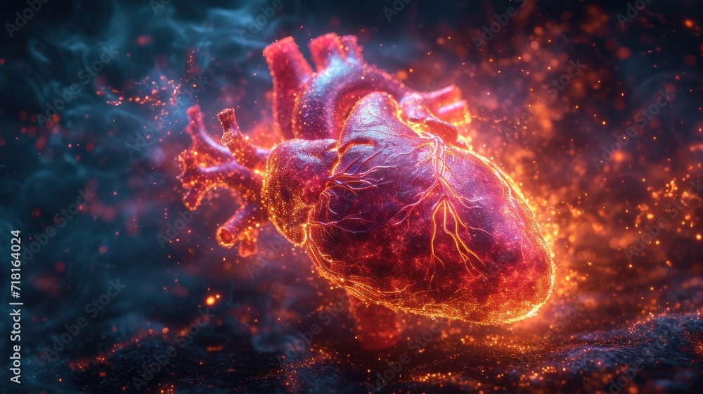 Poster a computer generated image of a human heart surrounded by fire and smoke on a dark background with a
