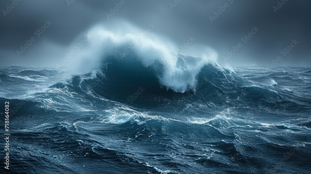 Poster a large wave in the middle of a body of water with a dark sky in the background and dark clouds in t