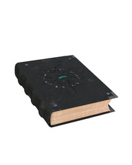 Old magic spell grimoire book for wizard or sorcerer with black leather cover. Isolated 3D illustration in perspective.