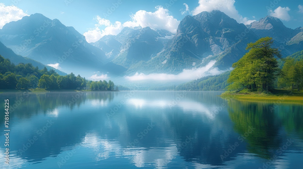 Poster a painting of a lake with mountains in the background and trees in the foreground, and clouds in the