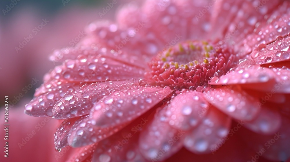 Sticker  a close up view of a pink flower with water droplets on the petals and the center of the flower with a green stem in the middle of the center of the picture.