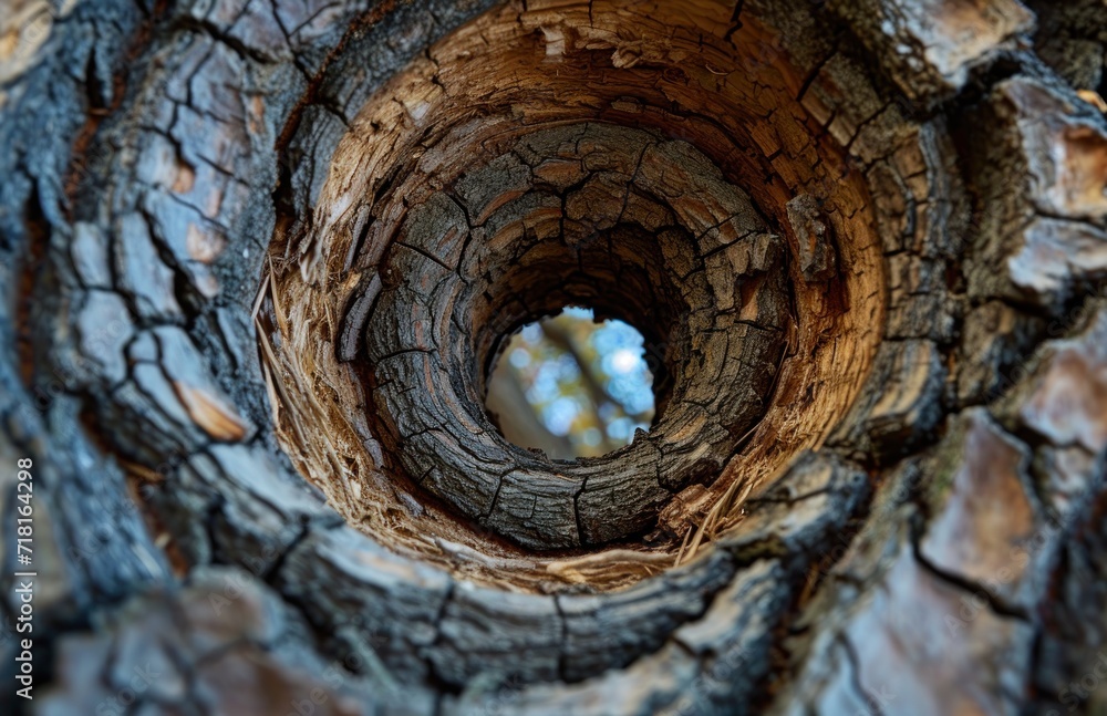 Poster a hole in the bark of a tree that has been cut open to reveal a tree trunk with a blue sky in the ba