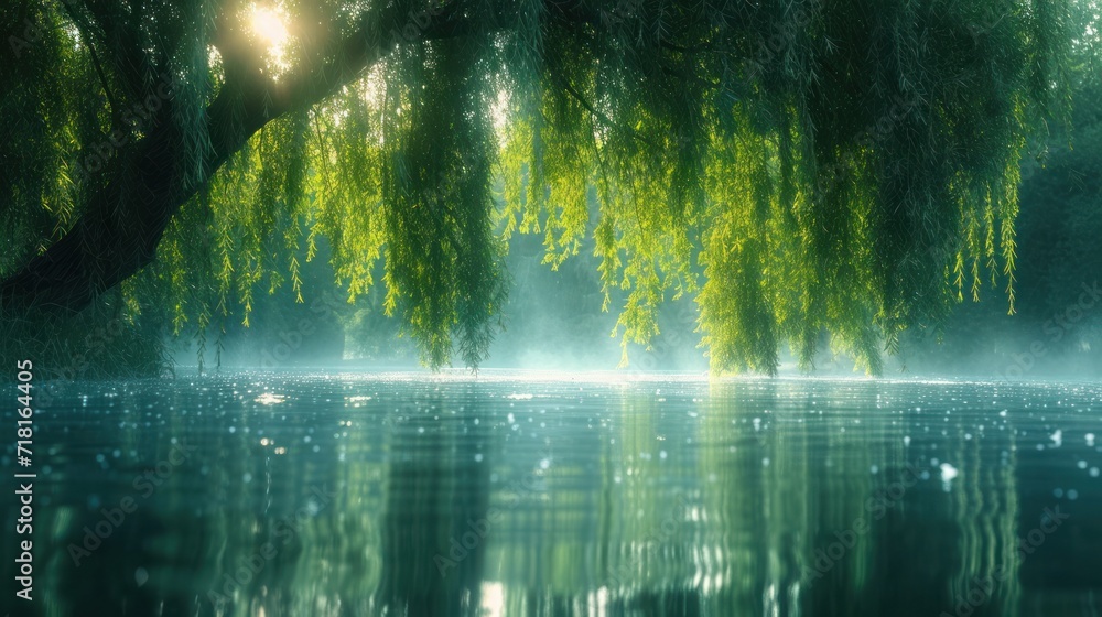 Poster a view of a lake with a tree in the foreground and the sun shining through the trees on the other si
