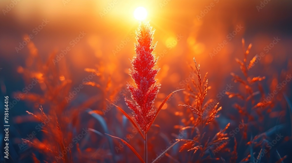 Poster a close up of a plant in a field with the sun shining in the background and the grass in the foregro