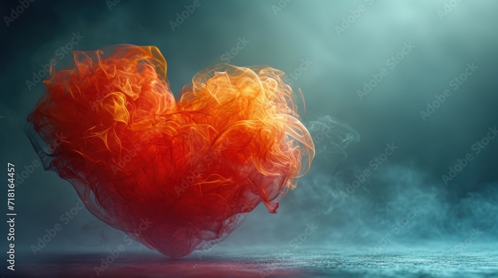 Poster a red and orange heart shaped object on a dark background with smoke coming out of the top of the he