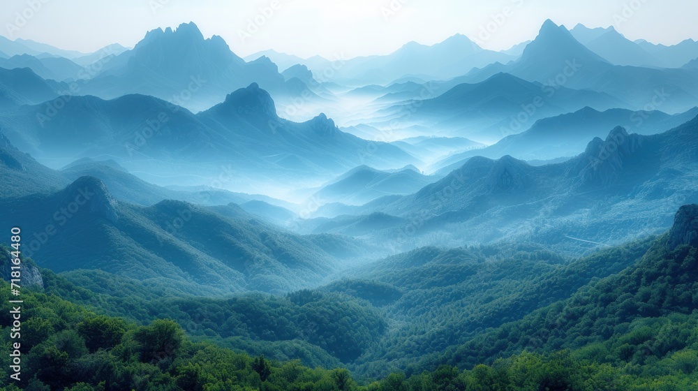 Wall mural  a view of a mountain range from a bird's - eye - view point of a foggy valley with trees in the foreground and mountains in the distance.