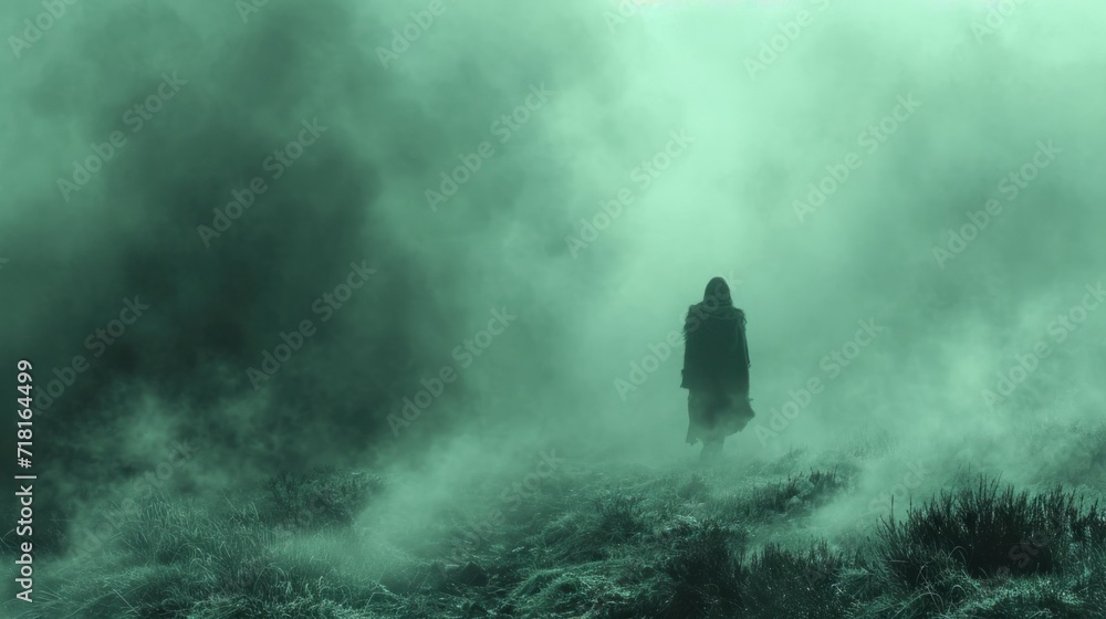 Poster a person standing in the middle of a foggy field with a person standing in the middle of a foggy fie