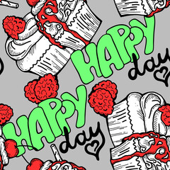 Tasty sweet cupcake dessert decorative seamless pattern for textile design, fabric print, digital or wrapping paper, wallpaper, background and backdrop, bakery shop decoration, cafe, restaurant menu.