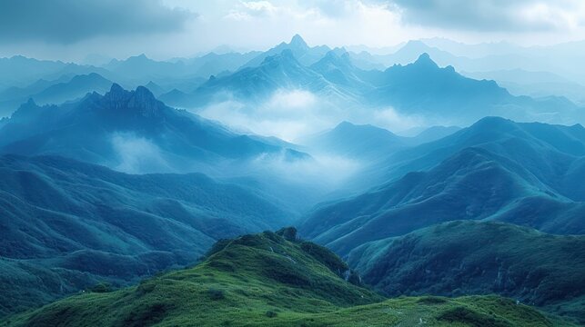  a breathtaking view of a mountain range from the top of a hill, with lush green grass on the ground and a sky filled with clouds in the background The photo is sli
