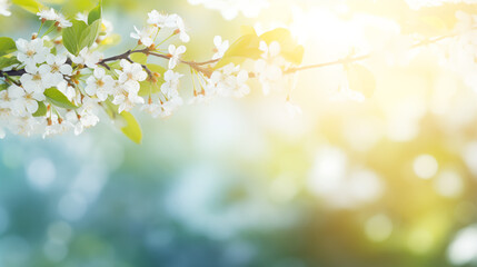 Obraz na płótnie Canvas Ambiance printanière, fleurs blanches, sur les branches d'un arbre, cerisier. Arrière-plan de flou et lumière claire, ensoleillé. Printemps, été. Pour conception et création graphique