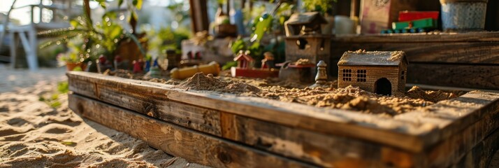 Sandbox with toys. Wooden box with children's toys on the sand in the garden.  Children's sandpit in a children's playroom on a sunny summer day. childhood concept with copy space.