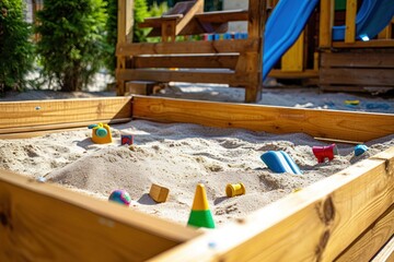 Fototapeta na wymiar Sandbox with toys. Wooden box with children's toys on the sand in the garden. Children's sandpit in a children's playroom on a sunny summer day. childhood concept with copy space.