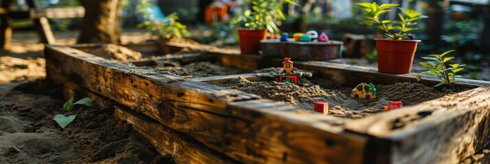Sandbox with toys. Wooden box with children's toys on the sand in the garden.  Children's sandpit in a children's playroom on a sunny summer day. childhood concept with copy space. - obrazy, fototapety, plakaty