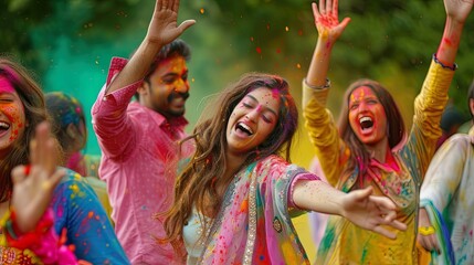 Obraz premium Indian people celebrating Holi festival with raised hands and colorful holi powder, ai generative