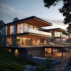 3D rendering of modern house modern cozy house with garage for sale or rent with beautiful landscaping on background Ai generated