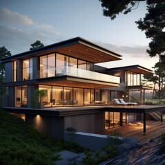 Fototapeta premium 3D rendering of modern house modern cozy house with garage for sale or rent with beautiful landscaping on background Ai generated