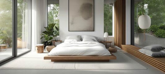 Modern minimalist bedroom interior in luxurious villa. White walls, wooden furniture, indoor plants, large panoramic windows. Concept of aesthetic simple contemporary interior design.