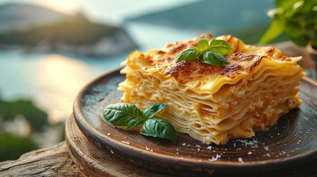 Rustic wooden table with a plate of Italian lasagna Bolognese garnished with fresh basil leaves. Bright summer restaurant terrace overlooking a beautiful Mediterranean seascape.