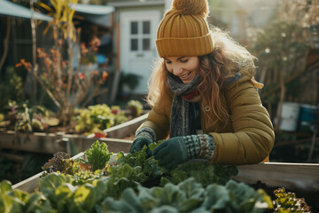 Woman working in her winter allotment / garden - Generative AI 