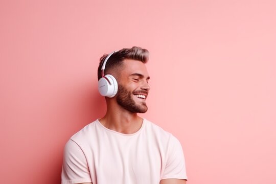 Happy man with a beard enjoying music on headphones on a simple pastel background. Concept: audio podcasts and listening to books, self-education through stereo.	