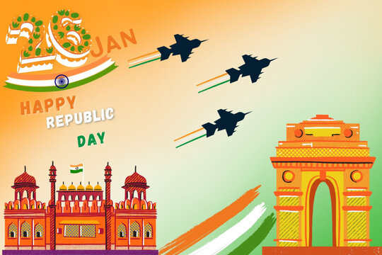 26 January Indian republic day vector India gate red fort airforce 