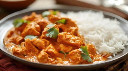rice with chicken, plate of aromatic and spicy chicken tikka masala served with fluffy basmati rice, capturing the essence of this beloved Indian dish