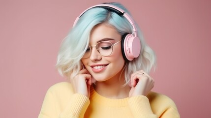 A woman with bright hair smiles while listening to music on headphones on a coral background. Concept: audio technology and music, youth culture and music applications
