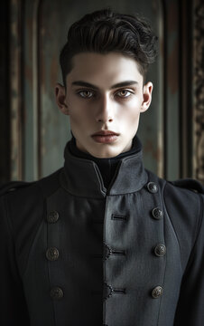 Androgynous man with hyper real flawless face wearing medieval inspired military gear - Generative AI
