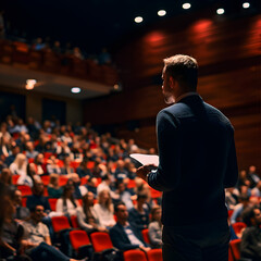 A speaker giving a lecture to an audience in an auditorium, or hall. A seminar.