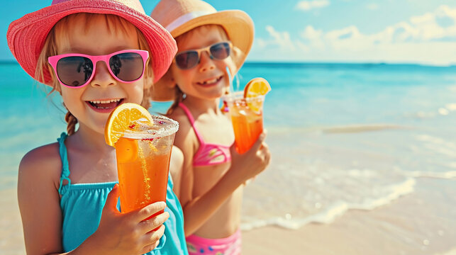 Cute children in sunglasses and straw hats holding lemonade or tropical fresh citrus cocktail beach exotic vacation - Powered by Adobe