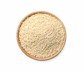 Raw quinoa in wooden bowl isolated on white, top view