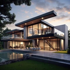 3D rendering of modern house modern cozy house, 3d rendering of modern cozy house in the garden,  Ai generated