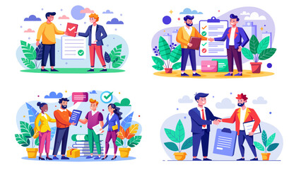 Fototapeta premium Vector illustration of diverse business partnerships and agreements