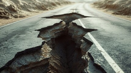 Earthquake Impact. Cracked Road from Side to Side, a Symbol of Seismic Activity