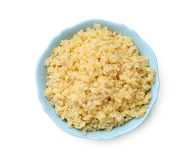 Delicious bulgur in bowl isolated on white, top view