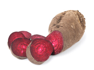 Pieces of cut red beet isolated on white