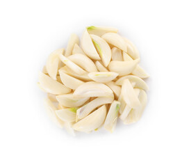 Peeled cloves of fresh garlic isolated on white, top view