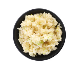 Chopped garlic in bowl isolated on white, top view