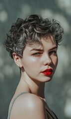 Close-up portrait of a young Caucasian woman with blonde short hair. Attractive female model with trendy hairstyle and perfect makeup looking at camera over her shoulder.